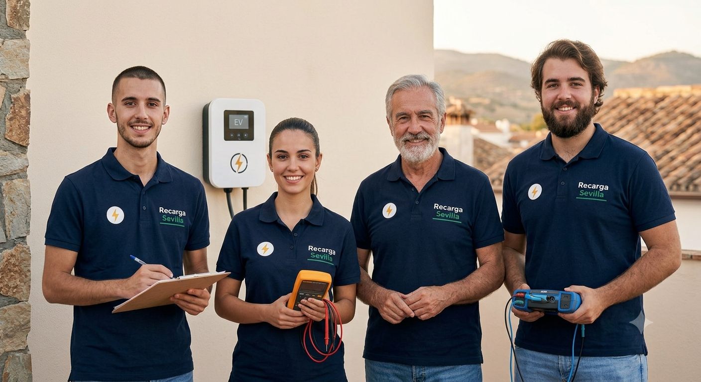 Equipo de instaladores de RecargaSevilla junto a un punto de recarga en Sevilla